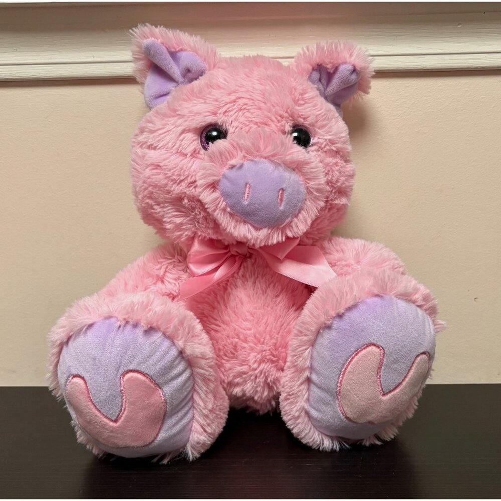 Pink Purple Plush Pig Stuffed Animal Kellytoy - 12" Seated 2017 With Pink Bow